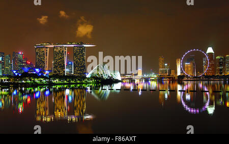 Nacht-Szene auf die Skyline von Singapur zeigen die Blume Kuppel und Nebelwald Kuppeln und Supertrees Grove in den Gärten Stockfoto