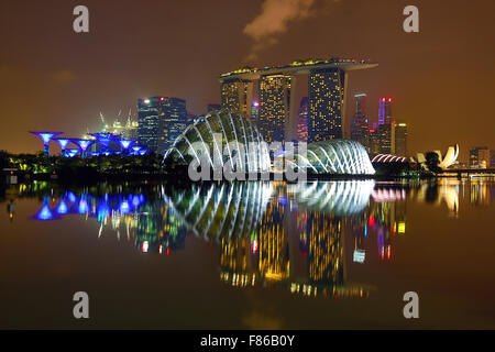 Nacht-Szene auf die Skyline von Singapur zeigen die Blume Kuppel und Nebelwald Kuppeln und Supertrees Grove in den Gärten Stockfoto