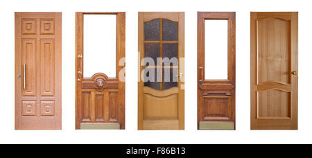 Satz von Holztüren. Isoliert auf weißem Hintergrund Stockfoto