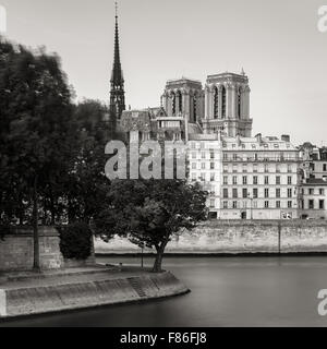 Tipp der Ile Saint Louis und Türme und Turm der Kathedrale Notre Dame de Paris (Île De La Cité) am Ufer der Seine Stockfoto