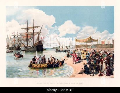 Die Abfahrt von Vasco da Gama nach Indien 1497. Am 8. Juli führte Vasco da Gama eine Flotte von vier Schiffen mit 170 Mann Besatzung aus Lissabon, Portugal. Farbe, Lithographie von Aquarell von Alfredo Roque Gameiro (1864-1935), portugiesischer Maler und Designer. Siehe Bild F86R41 für eine Darstellung von seiner Ankunft in Indien 1498 Stockfoto