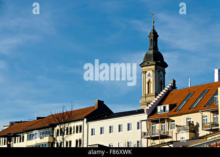 Pfarrkirche St. Oswald Uhr Glockenturm, Traunstein, Oberbayern, Deutschland, Europa. Stockfoto