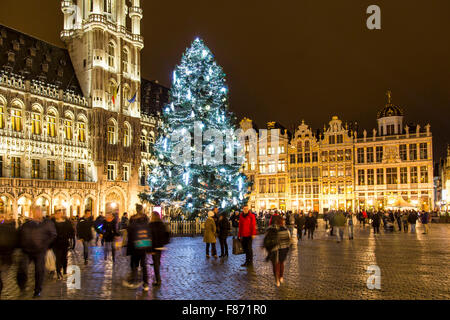 Weihnachtszeit in Brüssel, Belgien, riesige Weihnachtsbaum auf dem Grand Place, Häuser mit beleuchteten Fassaden des alten rund um Stockfoto