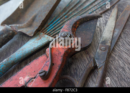 Alte rostige Werkzeuge - Vintage Handarbeit auf hölzernen Hintergrund Stockfoto