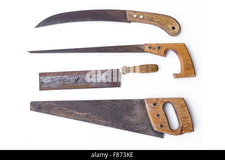 Vintage-Tools - Set alte Sägen, Handsägen, isoliert Stockfoto