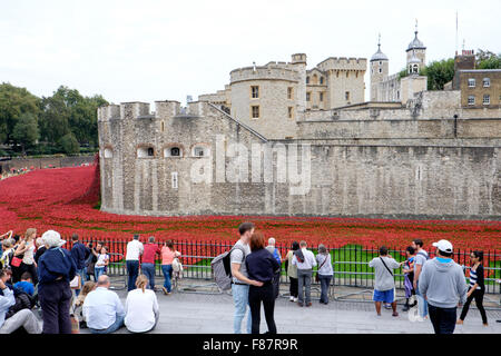 Punktiert mit künstlerischen rote Mohnblumen, wird der Tower of London für Erinnerung-Tag zu Ehren der im ersten Weltkrieg verlorenen Leben vorbereitet. Stockfoto