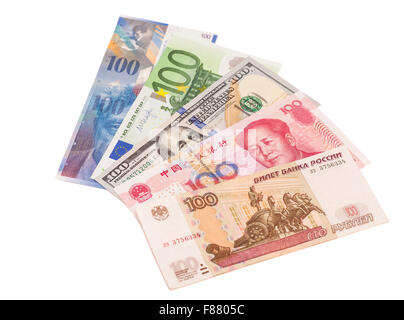 US-Dollar, europäischer Euro, Schweizer Franken, chinesischen Yuan und russischer Rubel Rechnungen Stockfoto