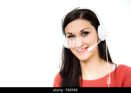 Mädchen kommuniziert als Dispatcher mit Kunden über das Internet oder per Telefon. Stockfoto