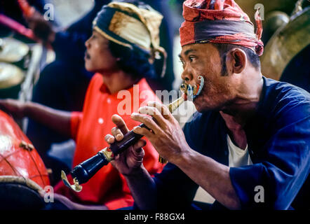 Musiker spielen auf der Flöte während das Pferd Tanz, Surabaya, Bali, Indonesien, Südostasien Stockfoto