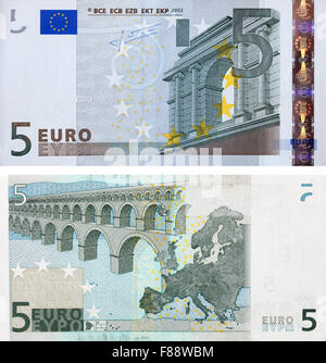 Fünf Euro. Neue Banknoten Vorder- und Rückseite Stockfoto