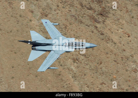 Königliche Luftwaffe Tornado GR4 Kampfjet fliegen auf sehr niedrigem Niveau durch ein Tal, Wüste. Stockfoto