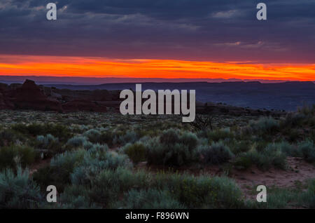 Der Himmel wird brilliant Pink und Orange als Morgendämmerung bricht über einer riesigen Wüste in Utah Stockfoto