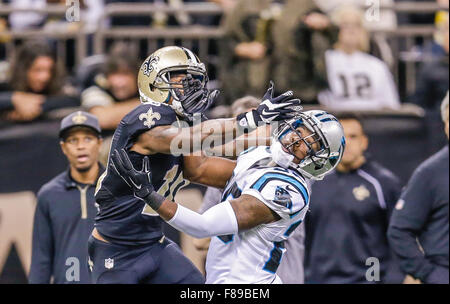 New Orleans, Louisiana, USA. 6. Dezember 2015. LA Carolina Panthers Cornerback Bene "Benwikere #25 stört die New Orleans Saints Wide Receiver Brandin kocht #10 auf 6. Dezember 2015, im Mercedes-Benz Superdome in New Orleans, Louisiana. Die Panthers besiegten die Heiligen 41-38. Margaret Bowles/CSM/Alamy Live-Nachrichten Stockfoto