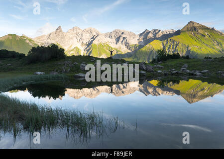 Guggersee und der Hauptkamm der Allgäuer Alpen, Bayern, Deutschland Stockfoto