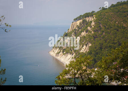 Landschaft, Strand, Südküste des Kaukasus, blaues Meer, Felsen, Berge, Risse in den Felsen, Kiefern auf Felsen Stockfoto