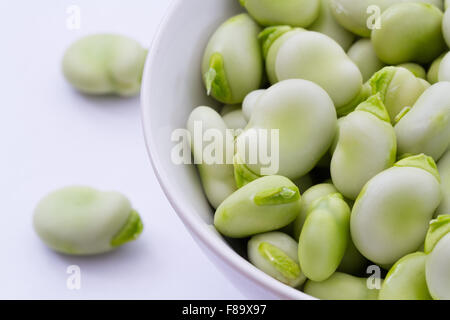 Eine Nahaufnahme Bild eines weißen Schalen von frisch gepflückte Bohnen auf einem weißen Hintergrund. Stockfoto