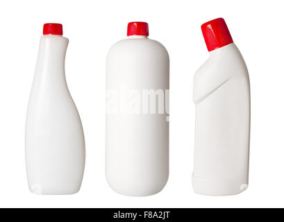 Kunststoffbehälter für Haushaltsreiniger auf weißem Hintergrund Stockfoto