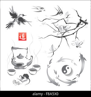 Der Zweig der Magnolie im traditionellen japanischen Stil der Sumi-e, Tee-Zeremonie und Schwalben, japanische Karpfen und Yin Yang. Hierog Stockfoto