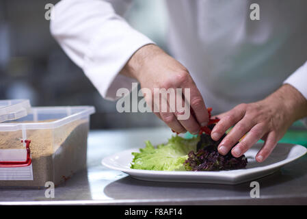 Koch in Hotelküche vorbereiten und dekorieren, Essen, köstliche Gemüse und Fleisch essen Abendessen Stockfoto