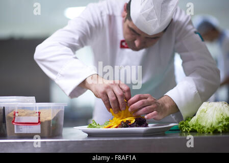 Koch in Hotelküche vorbereiten und dekorieren, Essen, köstliche Gemüse und Fleisch essen Abendessen Stockfoto