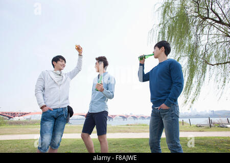 Drei junge Männer stehen auf dem Rasen und Bierflaschen, die Spaß an der Han River Park holding Stockfoto