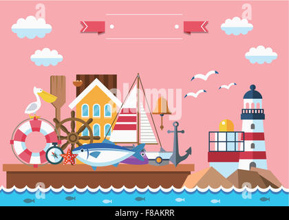 Verschiedene Objekte für Segel- und Haus auf einem Schiff mit Leuchtturm Stockfoto