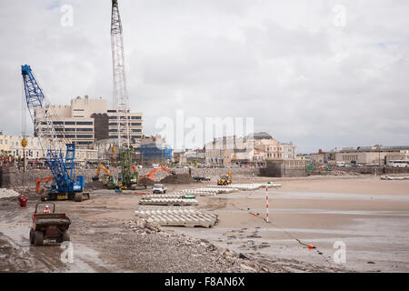 Arbeitest du auf die neue Meer-Verteidigung Weston-super-Mare September 2008 Somerset UK Stockfoto