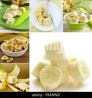 Collage aus frischen und getrockneten Bananen auf Holz und weißen Hintergrund Stockfoto
