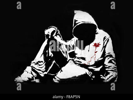 Banksy Hoodie mit Messer Graffiti Stockfoto