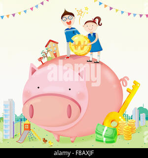 Mann und Frau hält eine goldene Münze auf ein großes Sparschwein mit goldenen Schlüssel und gestapelten Geld Stockfoto