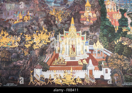 Wandmalerei im Wat Phra Kaeo Tempel in Bangkok Thailand. Der Tempel ist Teil des königlichen Palastes. Stockfoto