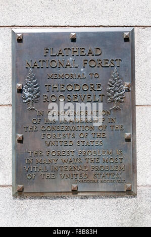 Gedenktafel an der Roosevelt Memorial Obelisk am Marias Pass in Flathead National Forest, Montana, USA. Stockfoto