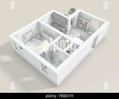 flache 3D-Rendering mit Möbeln Stockfoto