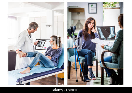 Arzt untersucht die Knöchel einer Patientin. Stockfoto