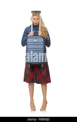 Hübschen weiblichen Modell in blauer Jacke isoliert auf weiss Stockfoto