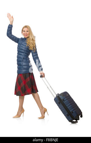 Hübschen weiblichen Modell in blauer Jacke isoliert auf weiss Stockfoto