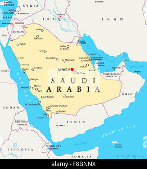 Saudi Arabien politische Karte mit Hauptstadt Riad, nationale Grenzen und wichtigen Städten. Englische Beschriftung und Skalierung. Stockfoto