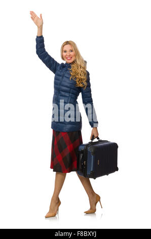 Hübschen weiblichen Modell in blauer Jacke isoliert auf weiss Stockfoto