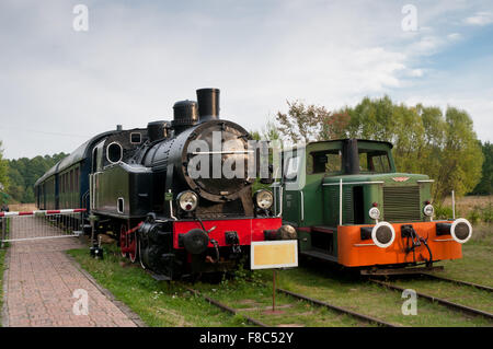 Zwei antike Lokomotiven auf Station Bialowieza Towarowa, alte Gusseisen Pferd schwarze und grüne Fahrzeuge der PKP... Stockfoto