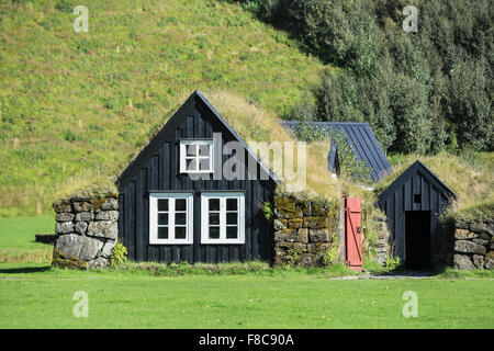 Traditionelle isländische Häuser im Heimatmuseum von Skogar, Island Süd Stockfoto