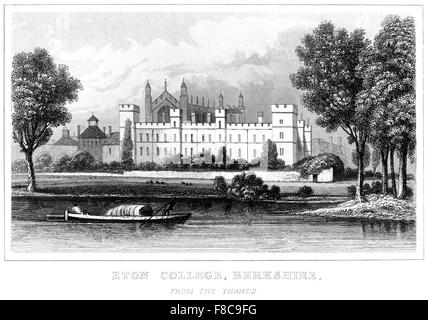 Eine Gravur des Eton College, Berkshire, von der Themse mit hoher Auflösung aus einem Buch gescannt gedruckt um 1850. Stockfoto