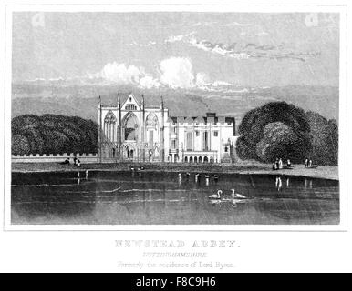 Kupferstich von Newstead Abbey, Nottinghamshire. Früher die Residenz von Lord Byron aus einem Buch gescannt gedruckt um 1850. Stockfoto