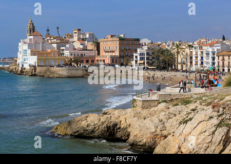 St. Sebastian Strand, Sitges, Katalonien, Spanien, Europa Stockfoto