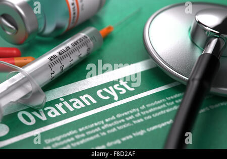 Ovarialzyste. Medizinisches Konzept auf grünem Hintergrund. Stockfoto