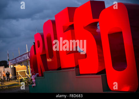 "Croeso", statt Willkommensschild, The National Eisteddfod of Wales, in der Nähe von Meifod Dorf in Powys, Mitte Wales, August 2015 Stockfoto