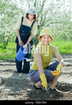 Zwei Frauen sät Samen im Bett im Feld Stockfoto