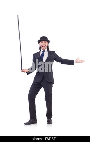 Mann tanzen mit Gehstock auf weiß Stockfoto
