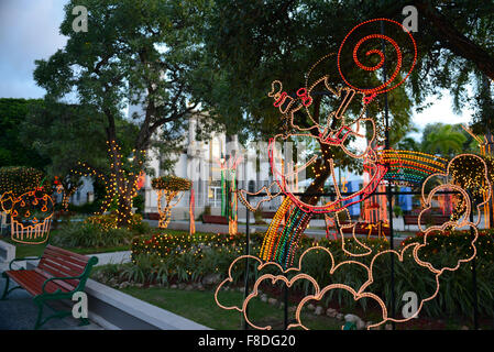 Leichte Weihnachtsdekoration an der Plaza von Juana Diaz, Puerto Rico. Karibik-Insel. Territorium der USA. Stockfoto