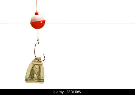 Eine Angelschnur mit roten und weißen Blinker und einem roten Haken, der Stück von einer hundert-Dollar-Schein unter Wasser hält. Stockfoto