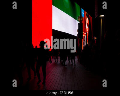 Silhouette des Menschen vor riesigen VAE (Vereinigte Arabische Emirate)-Flagge in der Dubai Mall. Stockfoto